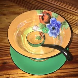VTG Noritake Handpainted Morimura Bowl Ladle & Plate Orange Green Floral Luster